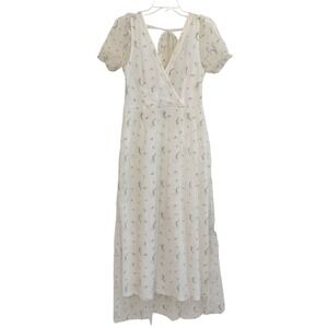 TICOSA Coquette White Floral Embroidered Mesh Midi Dress Puff Sleeve Tie Back M